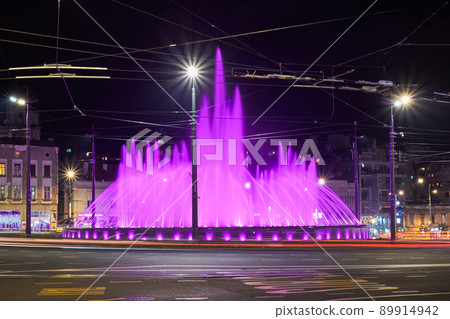 Illuminated water fountain at Slavija Square roundabout in Belgrade Serbia 89914942