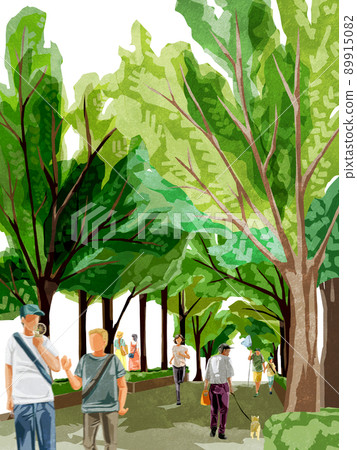Hand-painted watercolor-style illustrations of people walking along the fresh green tree-lined avenue 89915082