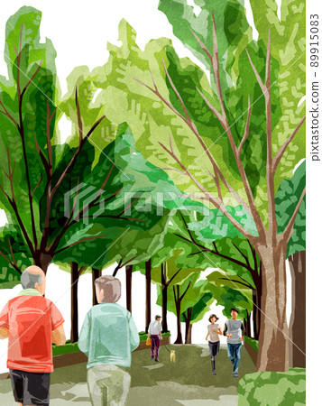人們在綠樹成蔭的林蔭大道上行走的手繪水彩風格插圖 89915083