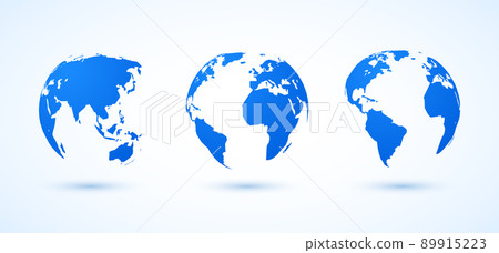 Globe earth world vector map. 3d blue transparent digital planet round globe icon set 89915223