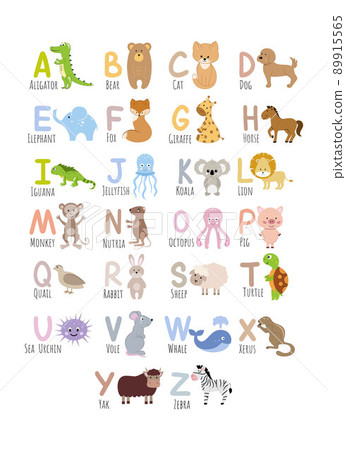 English alphabet for children with images of cute animals. Children's alphabet for learning letters. Vector of a cartoon character. Zoo and animals. English alphabet for children with images of cute animals. Children's alphabet for learning letters. Vector of a cartoon character. Zoo and animals. 89915565