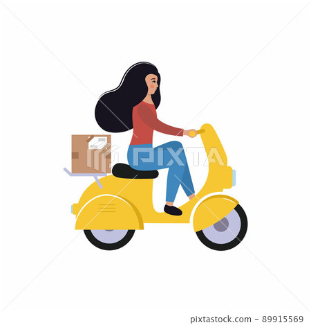Express delivery of food orders, postal items around the city on a scooter. A delivery girl rides a moped with a parcel. Female vector flat character for delivery service. Express delivery of food orders, postal items around the city on a scooter. A delivery girl rides a moped with a parcel. Female vector flat character for delivery service. 89915569