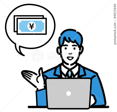 A young man in a suit explaining money in front of a laptop 89915694
