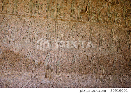 Relief details and Egyptian hieroglyphs at Karnak temple complex and Karnak Open Air Museum (about 1250 BC), Luxor, Egypt 89916091