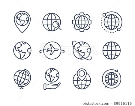 World globe line icon. Vector Earth global country map planet line icon. Travel internet globe set 89916116