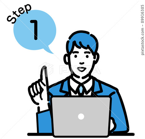 Step 1 A young man in a suit explaining the... - Stock Illustration ...