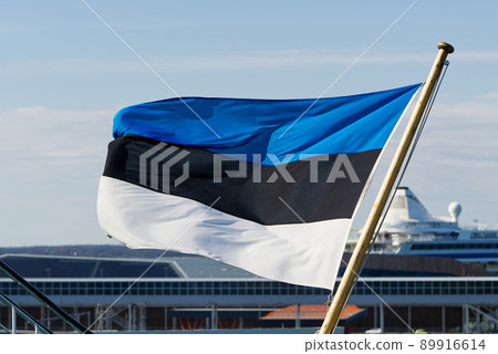 The flag of Estonia - horizontal stripes of blue, black and white on a background of blue sky The flag of Estonia - horizontal stripes of blue, black and white on a background of blue sky 89916614