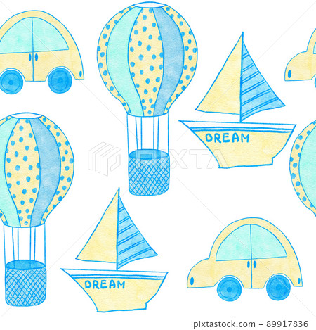Watercolor hand drawn seamless pattern of blue boy baby shower fabric print. Pastel nursery stars rainbow balloons clouds. Cute kawaii birthday invite invitation illustration design transport car. 89917836