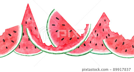 Watercolor hand drawn seamless horizontal border with red green watermelon, summer fruit seeds slices. Vegetarian vegan healthy food frame, tropical jungle vacation holiday concept. 89917837