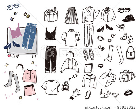 Black and white, monotone, line drawing illustrations: handwritten, fashionable, magazines, fashion, cute, shoes, clothes, accessories Black and white, monotone, line drawing illustrations: handwritten, fashionable, magazines, fashion, cute, shoes, clothes, accessories 89918322