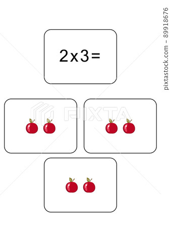 Multiplication table of 2. Maths card with an example, drawing. Multiplication Square, vector illustration. Printed product, banner, table for children, schoolchildren. School education, logical task 89918676
