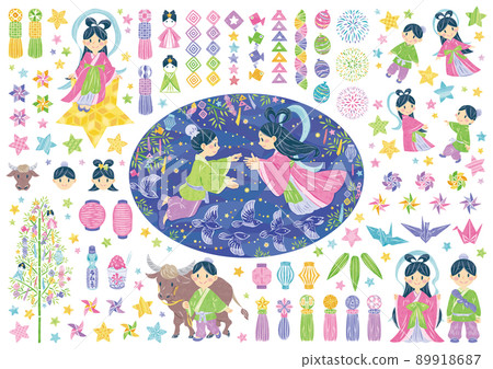 7 月七夕節織姬和彥星插圖素材集 89918687