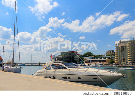 Modern luxury yacht in yacht port in Pomorie, Bulgaria Modern luxury yacht in yacht port in Pomorie, Bulgaria 89919993