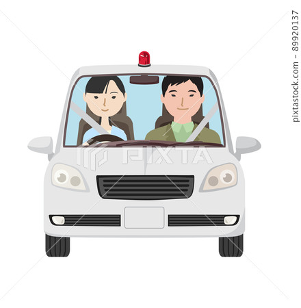 Police officers in a protruding red light masked police car Police officers in a protruding red light masked police car 89920137