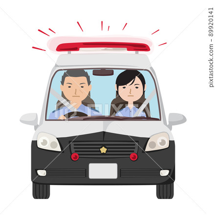 Police officers in summer clothes riding a police patrol car rushing with the red light on 89920141