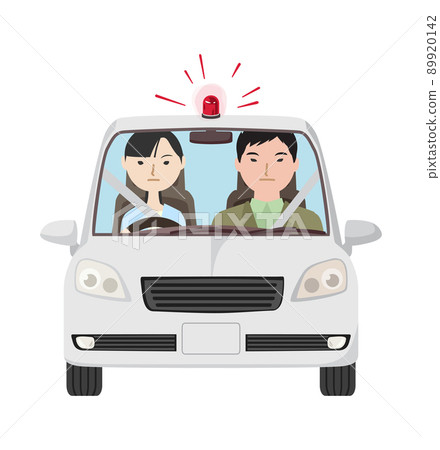 Police officers riding on a protruding red light masked police car that rushes by turning on the red light 89920142