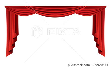 Red curtains realistic. Theater fabric silk decoration for movie cinema or opera hall. Luxury curtains and draperies interior decoration object. Isolated on white for theater stage Red curtains realistic. Theater fabric silk decoration for movie cinema or opera hall. Luxury curtains and draperies interior decoration object. Isolated on white for theater stage 89920511