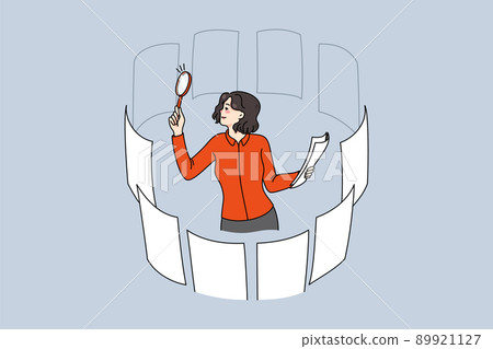 Businesswoman with magnifier glass search career options Businesswoman with magnifier glass search career options 89921127