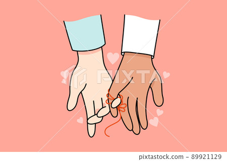 Multiracial couple hands linked with thread 89921129