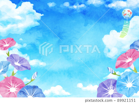 牽牛花、雲和風鈴水彩背景的夏天矢量圖 89921151