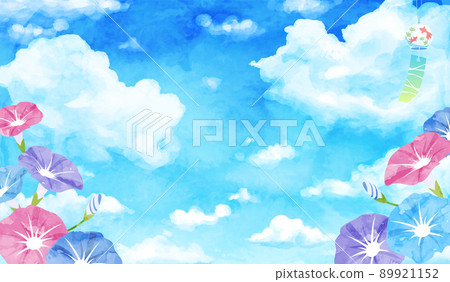 Summer vector illustration of morning glory, clouds and wind chimes watercolor background Summer vector illustration of morning glory, clouds and wind chimes watercolor background 89921152