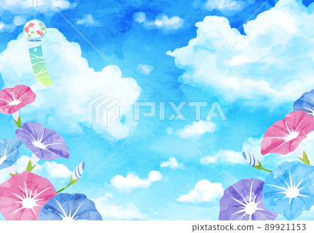 牽牛花、雲和風鈴水彩背景的夏天矢量圖 牽牛花、雲和風鈴水彩背景的夏天矢量圖 89921153