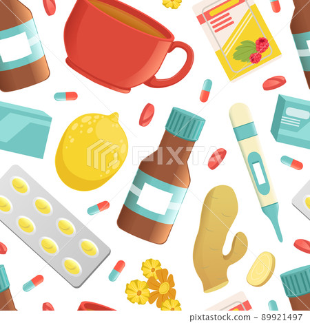 Cold and Flu Remedy with Pills and Medicine Vector Seamless Pattern Template Cold and Flu Remedy with Pills and Medicine Vector Seamless Pattern Template 89921497