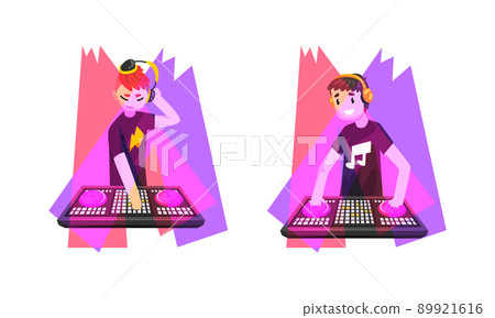 Club Disc Jockey or DJ Playing Recorded Music at Console Mixer and Mixing Sound with Turntable Vector Set 89921616