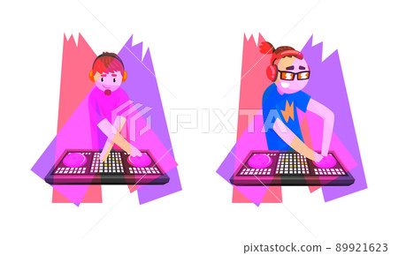 Club Disc Jockey or DJ Playing Recorded Music at Console Mixer and Mixing Sound with Turntable Vector Set 89921623