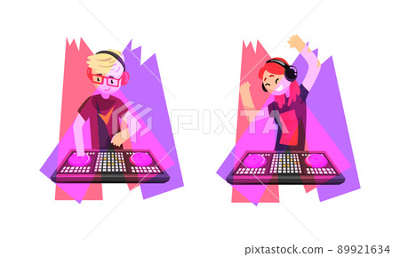 Club Disc Jockey or DJ Playing Recorded Music at Console Mixer and Mixing Sound with Turntable Vector Set Club Disc Jockey or DJ Playing Recorded Music at Console Mixer and Mixing Sound with Turntable Vector Set 89921634