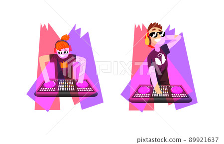 Club Disc Jockey or DJ Playing Recorded Music at Console Mixer and Mixing Sound with Turntable Vector Set 89921637