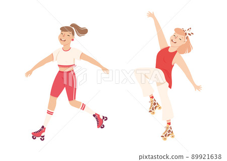 Excited Woman Character Dancing on Roller Skates Vector Illustration Set Excited Woman Character Dancing on Roller Skates Vector Illustration Set 89921638