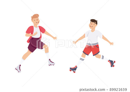 Excited Man Character Dancing on Roller Skates Vector Illustration Set Excited Man Character Dancing on Roller Skates Vector Illustration Set 89921639