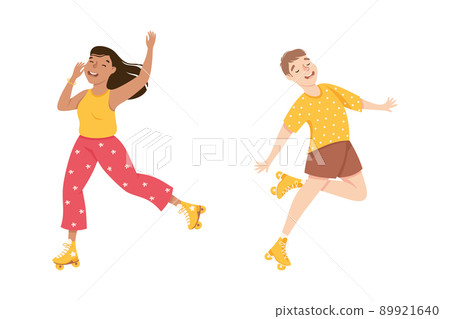 Excited Man and Woman Character Dancing on Roller Skates Vector Illustration Set 89921640