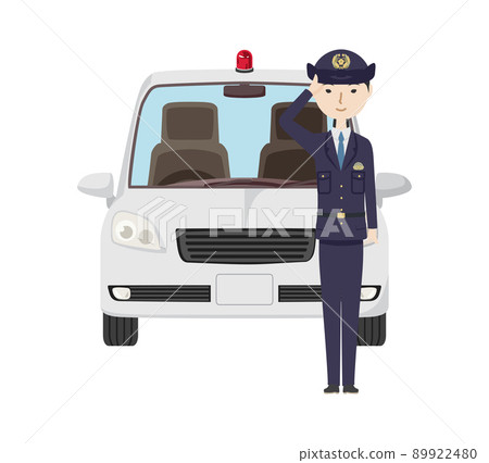 A female police officer salutes in front of a protruding red-lighted undercover police car A female police officer salutes in front of a protruding red-lighted undercover police car 89922480