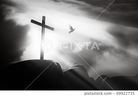 sky and clouds holy cross of jesus christ and bright rays and white dove sky and clouds holy cross of jesus christ and bright rays and white dove 89922735