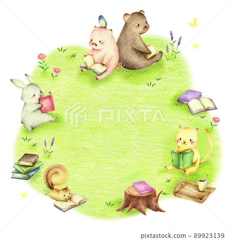 在綠色領域閱讀的動物背景手繪彩色鉛筆劃 89923139