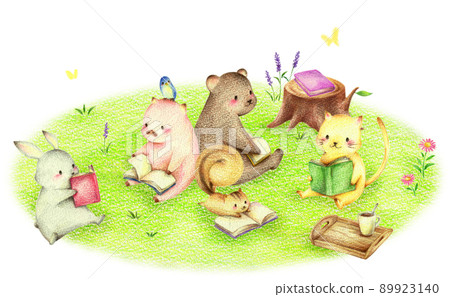 在綠地裡讀書的動物手繪彩色鉛筆劃 89923140