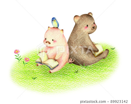 豬、熊和藍鳥在綠地裡讀書 手繪彩色鉛筆劃 豬、熊和藍鳥在綠地裡讀書 手繪彩色鉛筆劃 89923142