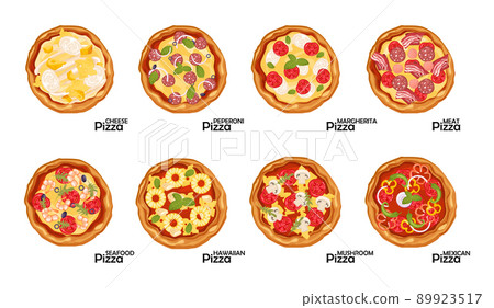 Pizza set delicious fresh pizza, fast food with different fillings. 89923517