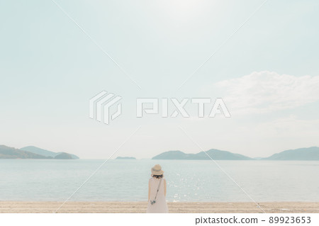 一個穿著裙子的相機女孩和美麗的夏日天空 一個穿著裙子的相機女孩和美麗的夏日天空 89923653