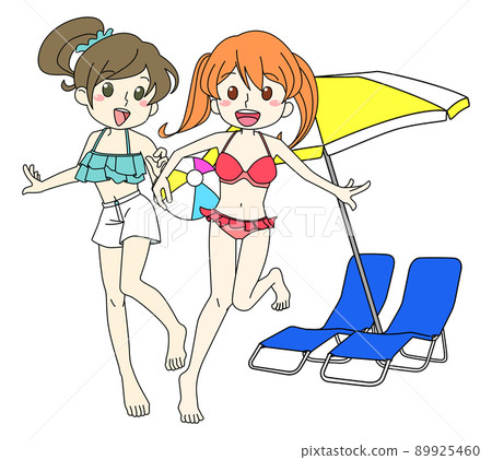 兩個穿著泳裝的女孩在沙灘上嬉戲 89925460