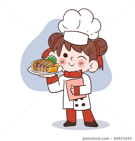 Cute young chef girl smiling and holding a Japanese hamburg.cartoon vector art illustration 89925843