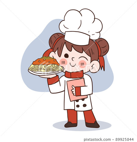 Cute young chef girl smiling and holding a spaghetti.cartoon vector art illustration 89925844