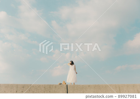 一個穿著裙子的女人和美麗的夏日天空 一個穿著裙子的女人和美麗的夏日天空 89927081