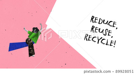 Contemporary art collage. Stylish woman wearing cloth made from polyethylene and reused materials. Stop using non recyclable materials. 89928051