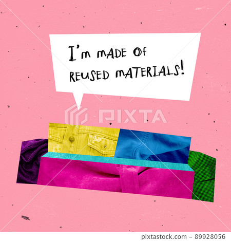 Contemporary art collage. Stylish colorful sofa made from reused materials isolated over pink background. Using recyclable materials Contemporary art collage. Stylish colorful sofa made from reused materials isolated over pink background. Using recyclable materials 89928056
