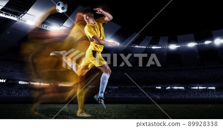 Collage with professional soccer, football player kick the ball in jump at dark night stadium with flashlights. Sport, competition, championship. Flyer, poster. Mixed light 89928338