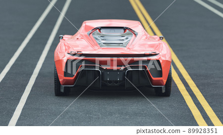 Ferrari on a race track from behind - 3d rendering Ferrari on a race track from behind - 3d rendering 89928351