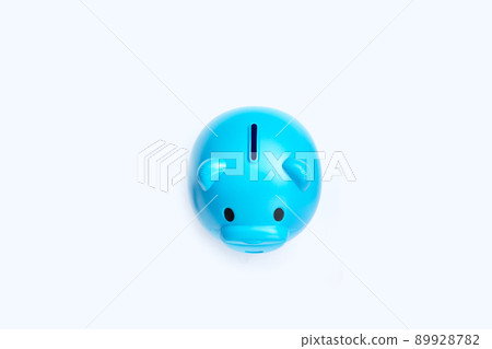 Blue piggy bank on white background. 89928782
